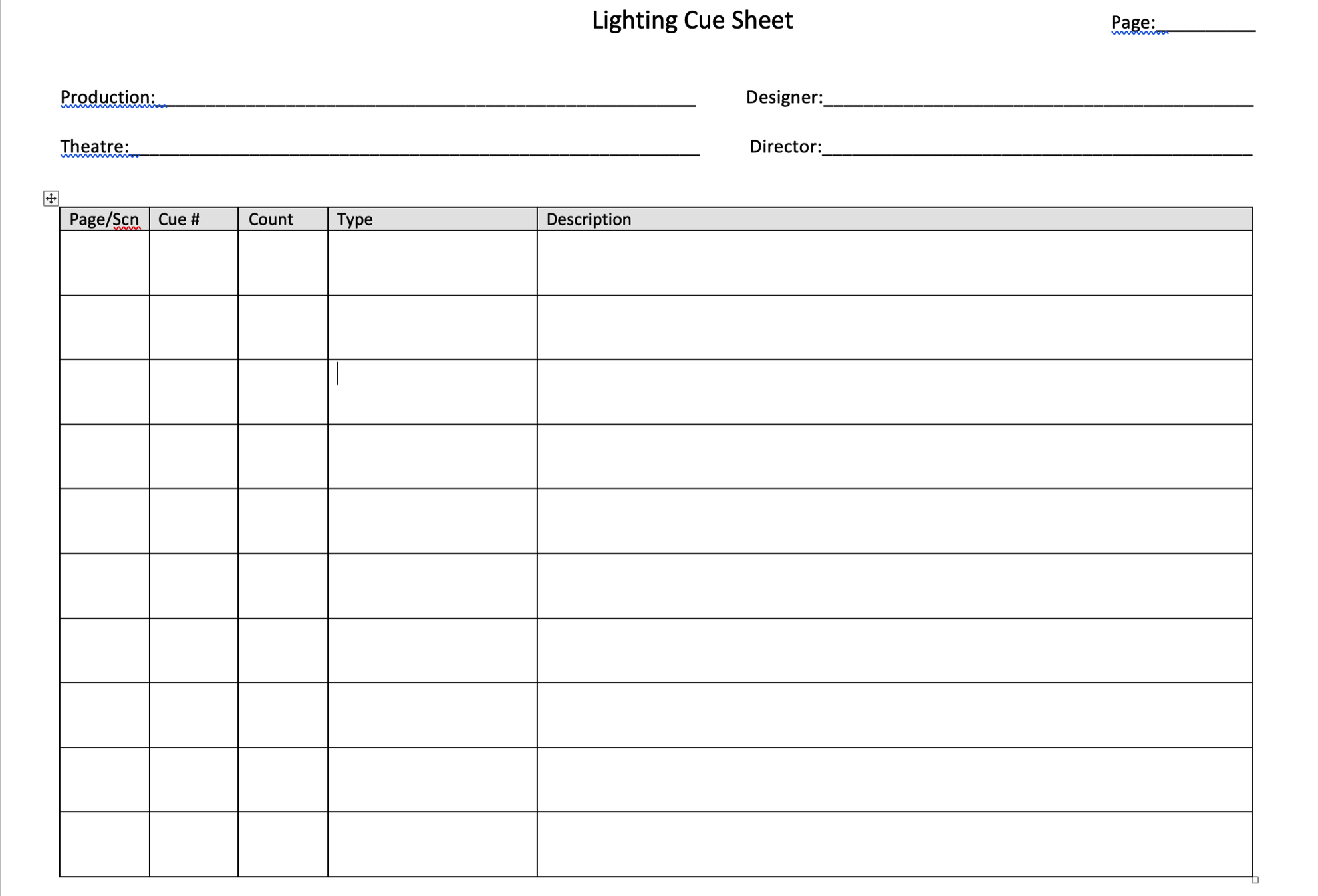 Cue Sheet Layout